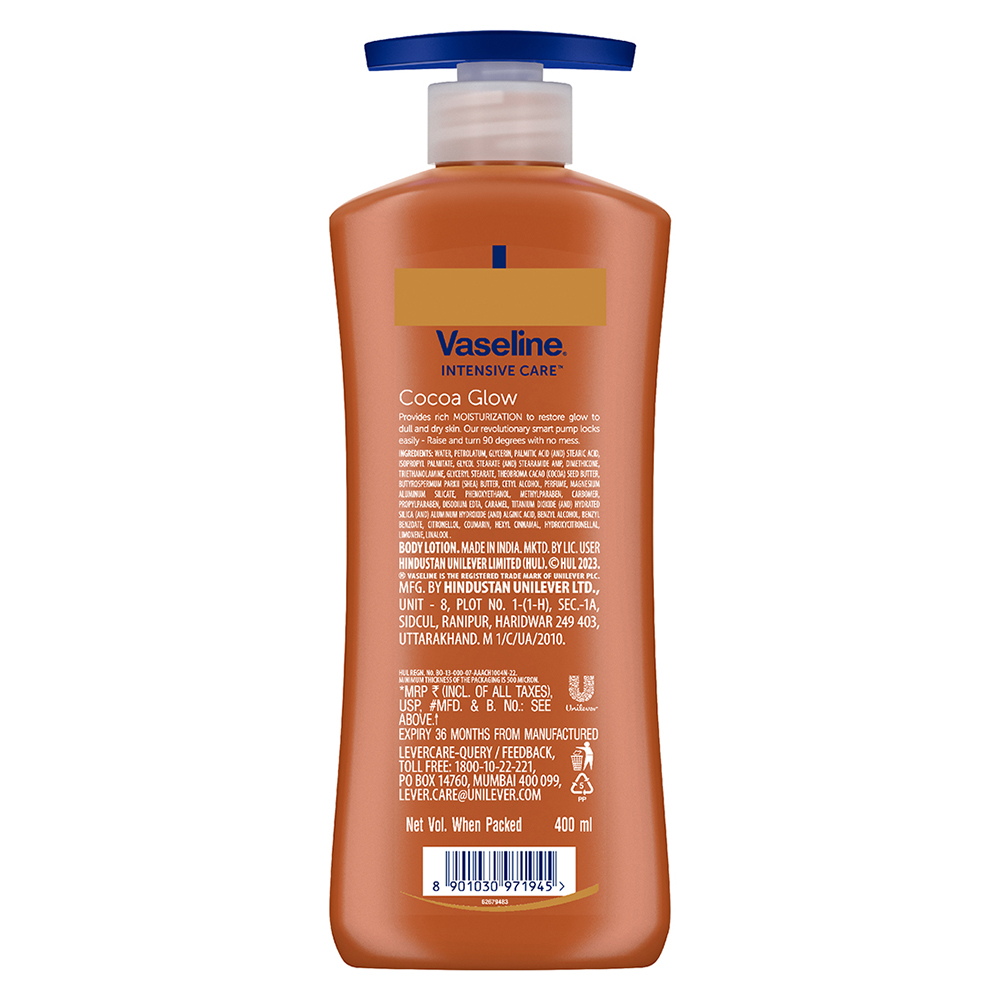 Vaseline Intensive Care Cocoa Glow Body Lotion 400 ml | With Cocoa Butter | Provides 48 hrs Of Moisturization | Non Greasy & Fast Absorbing | For Dry Skin, Pack of 1 Vaseline Intensive Care Cocoa Glow Body Lotion 400 ml | With Cocoa Butter | Provides 48 hrs Of Moisturization | Non Greasy & Fast Absorbing | For Dry Skin, Pack of 1
