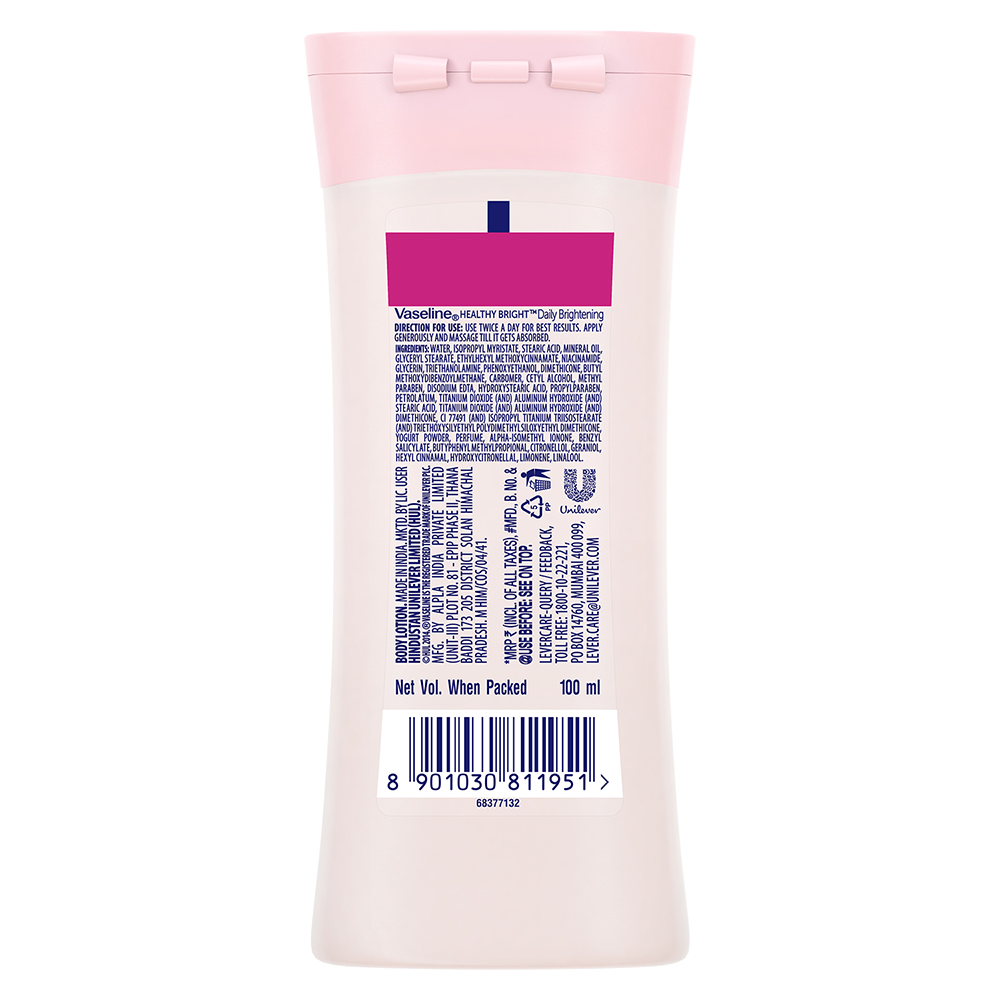 Vaseline Healthy Bright Daily Brightening Body Lotion 100 ml | With Vitamin B3 & Triple Sunscreens | Gives Radiant Looking Skin In 2 Weeks | Light & Non Greasy Formula, Pack of 1 Vaseline Healthy Bright Daily Brightening Body Lotion 100 ml | With Vitamin B3 & Triple Sunscreens | Gives Radiant Looking Skin In 2 Weeks | Light & Non Greasy Formula, Pack of 1