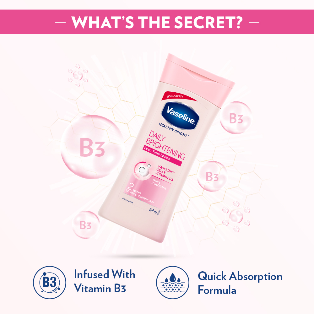 Vaseline Healthy Bright Daily Brightening Body Lotion 100 ml | With Vitamin B3 & Triple Sunscreens | Gives Radiant Looking Skin In 2 Weeks | Light & Non Greasy Formula, Pack of 1 Vaseline Healthy Bright Daily Brightening Body Lotion 100 ml | With Vitamin B3 & Triple Sunscreens | Gives Radiant Looking Skin In 2 Weeks | Light & Non Greasy Formula, Pack of 1