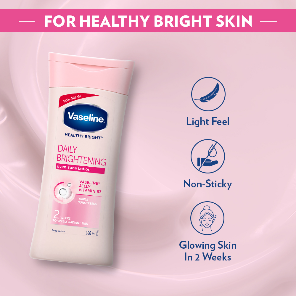 Vaseline Healthy Bright Daily Brightening Body Lotion 100 ml | With Vitamin B3 & Triple Sunscreens | Gives Radiant Looking Skin In 2 Weeks | Light & Non Greasy Formula, Pack of 1 Vaseline Healthy Bright Daily Brightening Body Lotion 100 ml | With Vitamin B3 & Triple Sunscreens | Gives Radiant Looking Skin In 2 Weeks | Light & Non Greasy Formula, Pack of 1