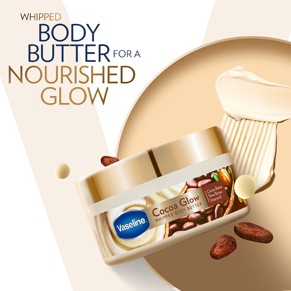 Vaseline Cocoa Glow Whipped Body Butter 180 gm | With Cocoa Butter, Shea Butter & Vitamin E | For Nourished Glowing Skin, Pack of 1 Vaseline Cocoa Glow Whipped Body Butter 180 gm | With Cocoa Butter, Shea Butter & Vitamin E | For Nourished Glowing Skin, Pack of 1