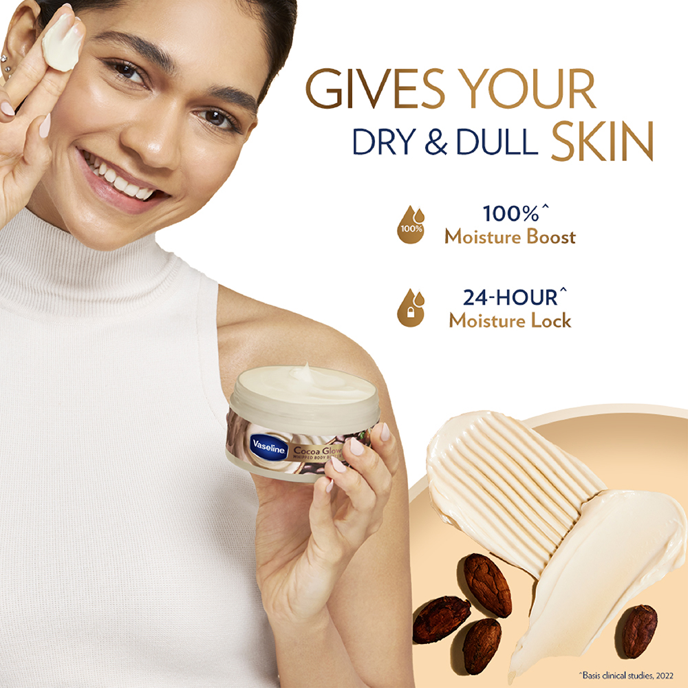 Vaseline Cocoa Glow Whipped Body Butter 180 gm | With Cocoa Butter, Shea Butter & Vitamin E | For Nourished Glowing Skin, Pack of 1 Vaseline Cocoa Glow Whipped Body Butter 180 gm | With Cocoa Butter, Shea Butter & Vitamin E | For Nourished Glowing Skin, Pack of 1