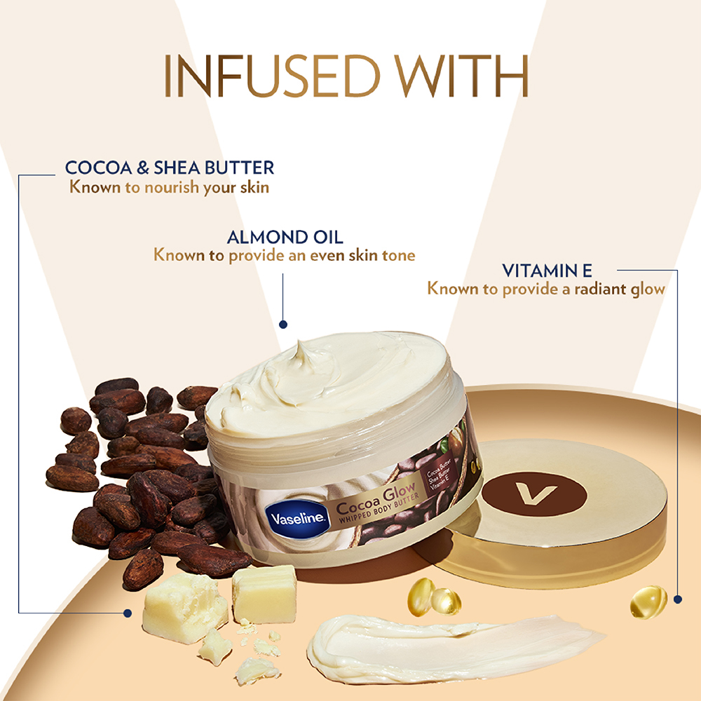 Vaseline Cocoa Glow Whipped Body Butter 180 gm | With Cocoa Butter, Shea Butter & Vitamin E | For Nourished Glowing Skin, Pack of 1 Vaseline Cocoa Glow Whipped Body Butter 180 gm | With Cocoa Butter, Shea Butter & Vitamin E | For Nourished Glowing Skin, Pack of 1