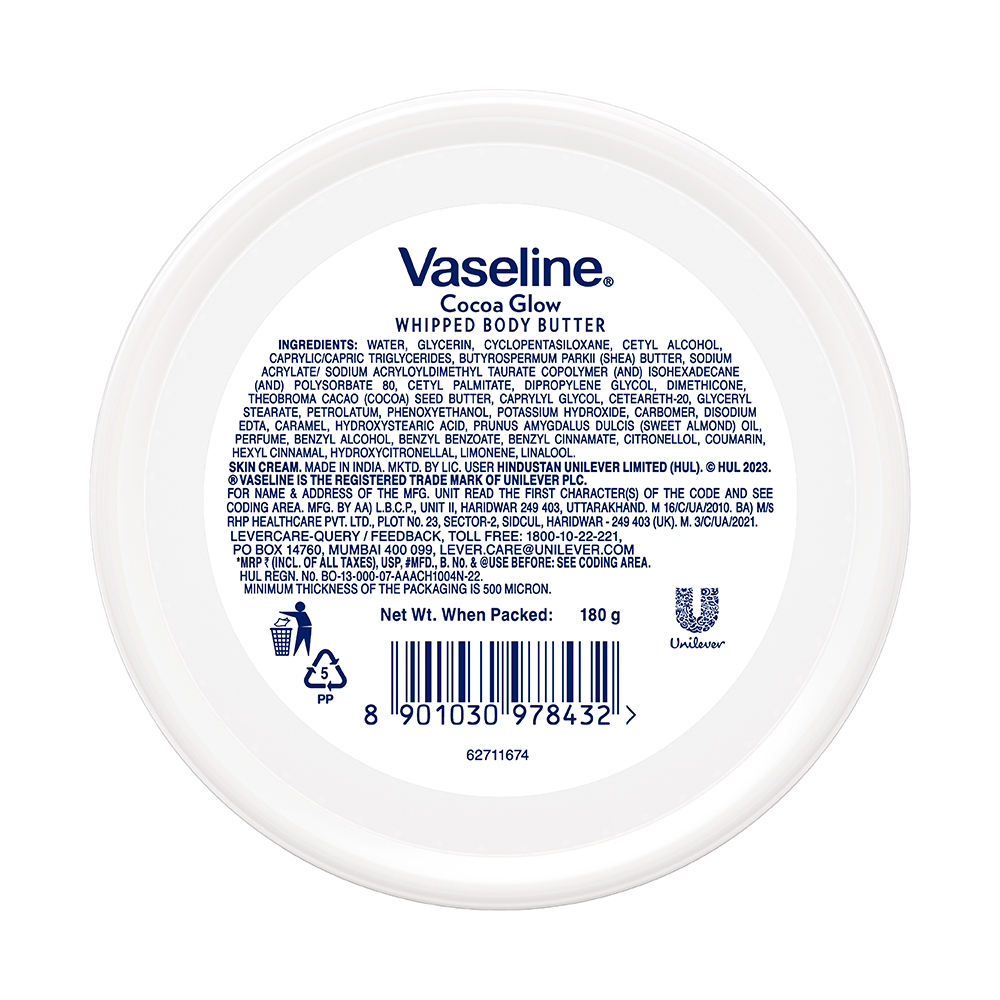 Vaseline Cocoa Glow Whipped Body Butter 180 gm | With Cocoa Butter, Shea Butter & Vitamin E | For Nourished Glowing Skin, Pack of 1 Vaseline Cocoa Glow Whipped Body Butter 180 gm | With Cocoa Butter, Shea Butter & Vitamin E | For Nourished Glowing Skin, Pack of 1