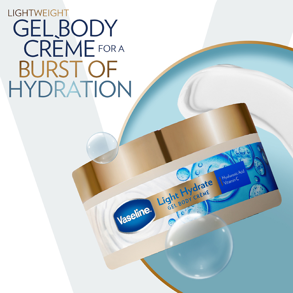 Vaseline Light Hydrate Gel Body Creme 180 gm | With Hyaluronic Acid & Vitamin C | Provides Hydration | For Radiant Glowing Skin, Pack of 1 Vaseline Light Hydrate Gel Body Creme 180 gm | With Hyaluronic Acid & Vitamin C | Provides Hydration | For Radiant Glowing Skin, Pack of 1