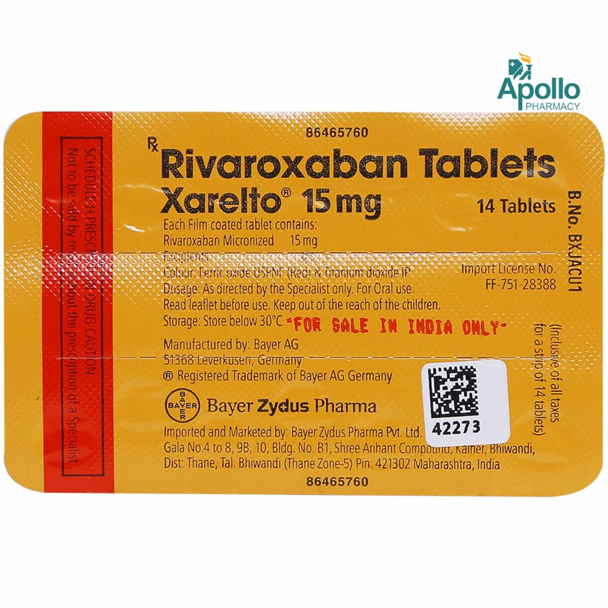 Xarelto 15 mg Tablet 14's, Pack of 1 TABLET Xarelto 15 mg Tablet 14's, Pack of 1 TABLET