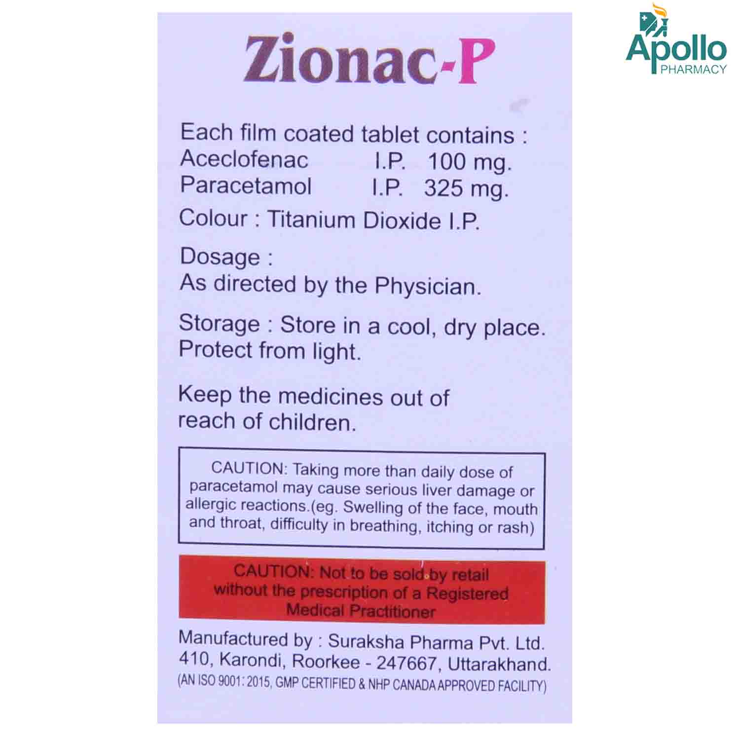 ZIONAC P TABLET 15'S, Pack of 15 TabletS ZIONAC P TABLET 15'S, Pack of 15 TabletS