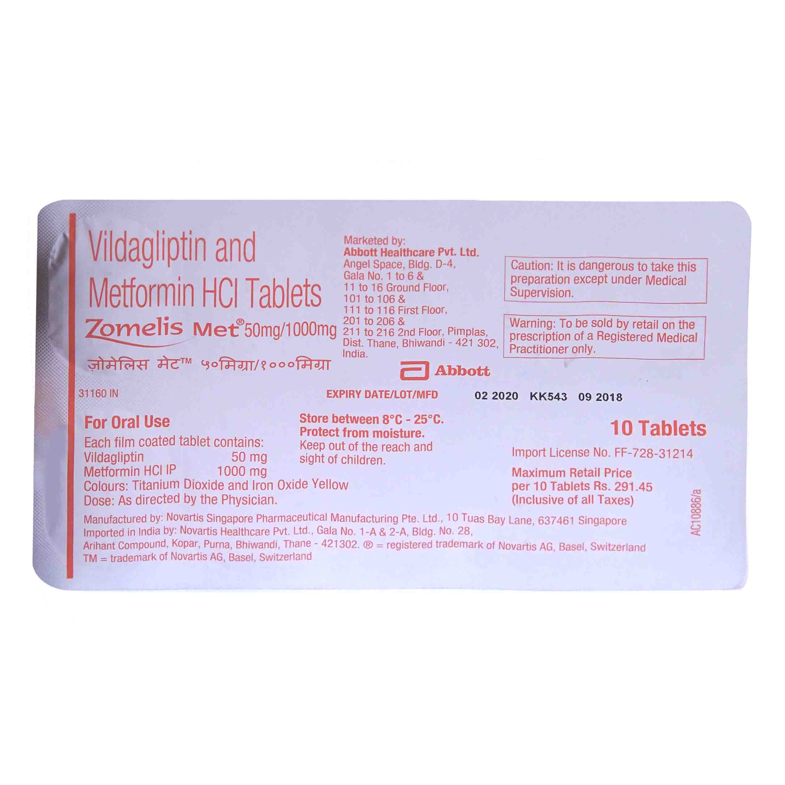 Zomelis Met 50 mg/1000 mg Tablet 10's, Pack of 10 Zomelis Met 50 mg/1000 mg Tablet 10's, Pack of 10